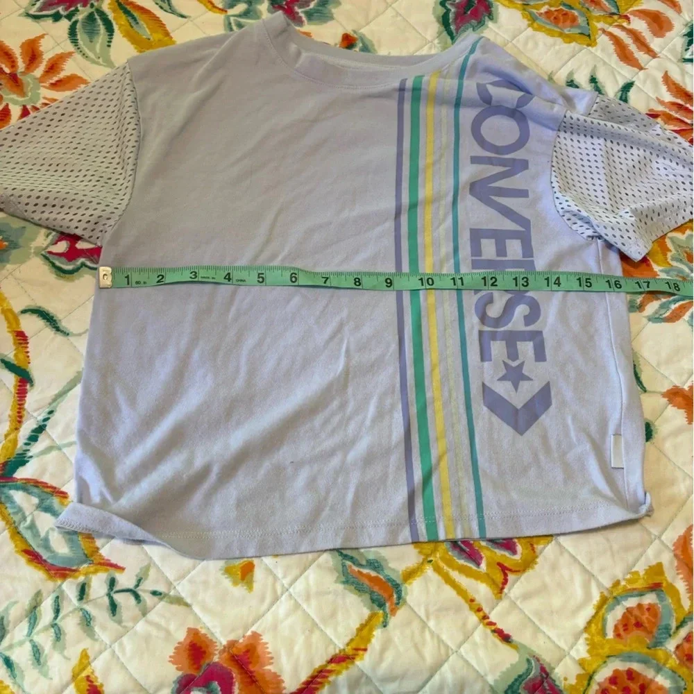 Converse Junior Girls Sz 10/12 Crop Top, White With Print, Mesh Sleeves